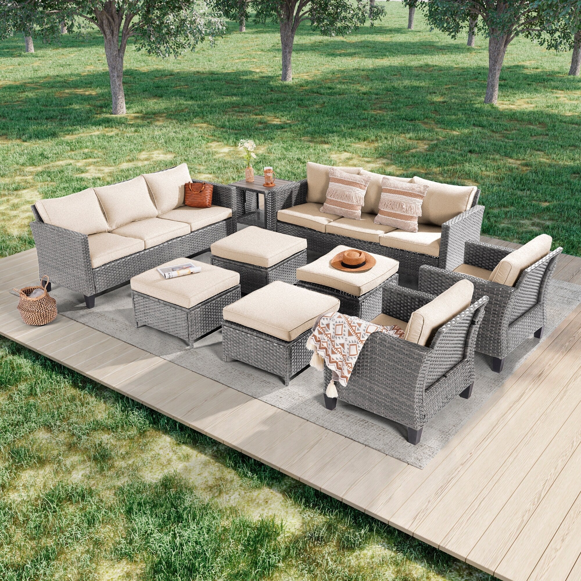 Ensemble de 9 canapés de jardin LIVOOSUN en osier PE gris, meubles d'extérieur, poufs et table