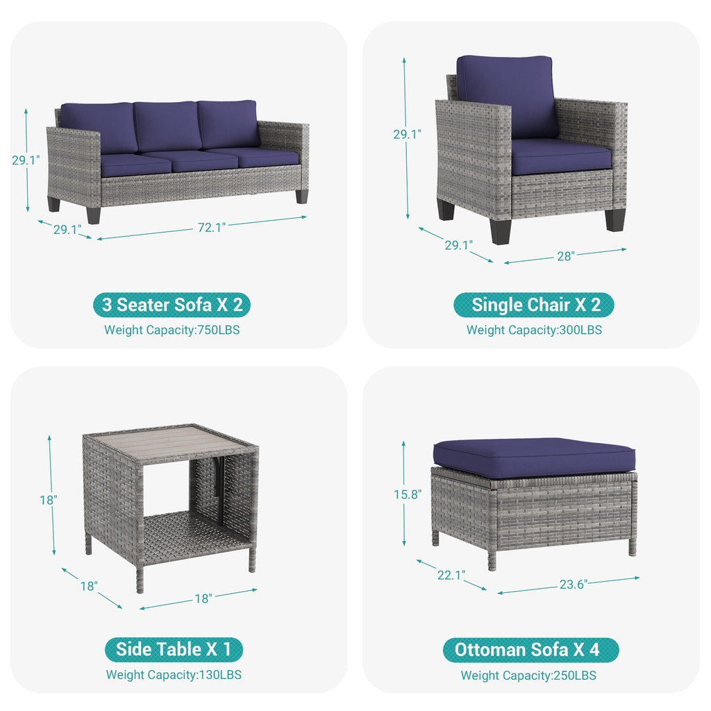 Ensemble de 9 canapés de jardin LIVOOSUN en osier PE gris, meubles d'extérieur, poufs et table
