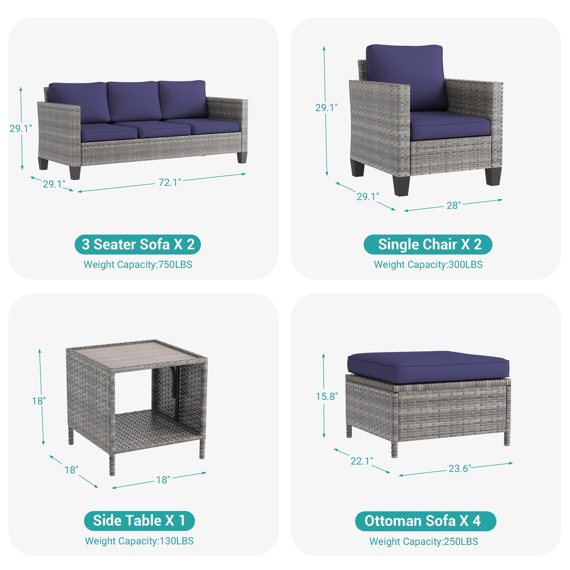 Ensemble de 9 canapés de jardin LIVOOSUN en osier PE gris, meubles d'extérieur, poufs et table