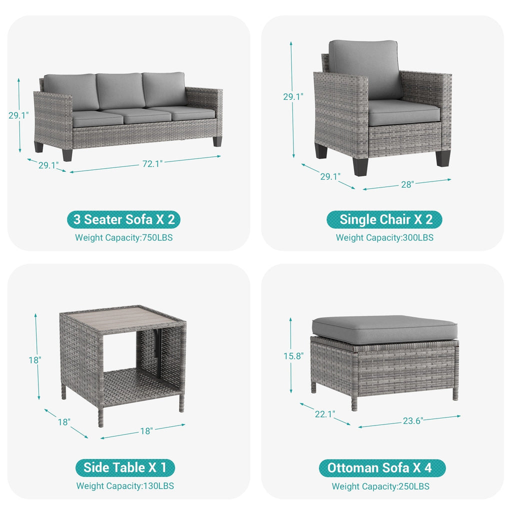 Ensemble de 9 canapés de jardin LIVOOSUN en osier PE gris, meubles d'extérieur, poufs et table