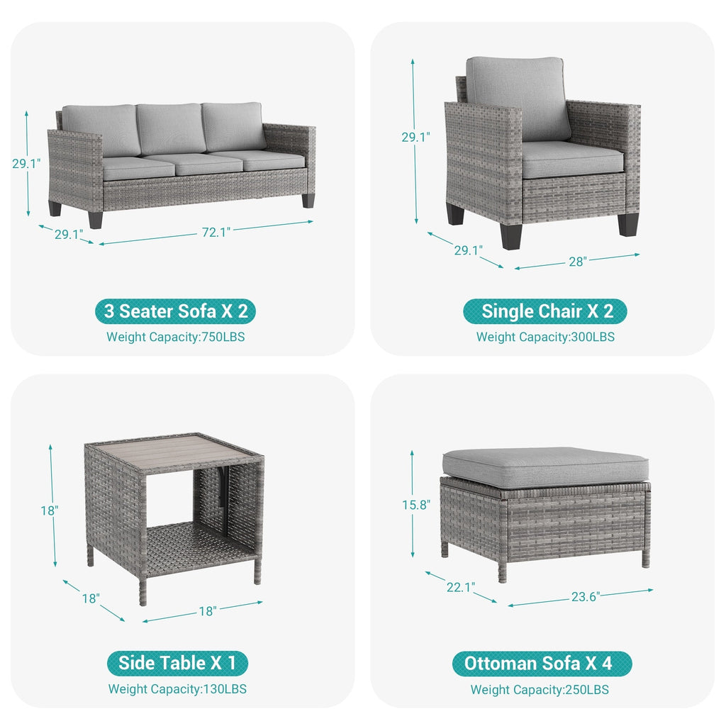 Ensemble de 9 canapés de jardin LIVOOSUN en osier PE gris, meubles d'extérieur, poufs et table