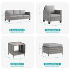 Ensemble de 9 canapés de jardin LIVOOSUN en osier PE gris, meubles d'extérieur, poufs et table