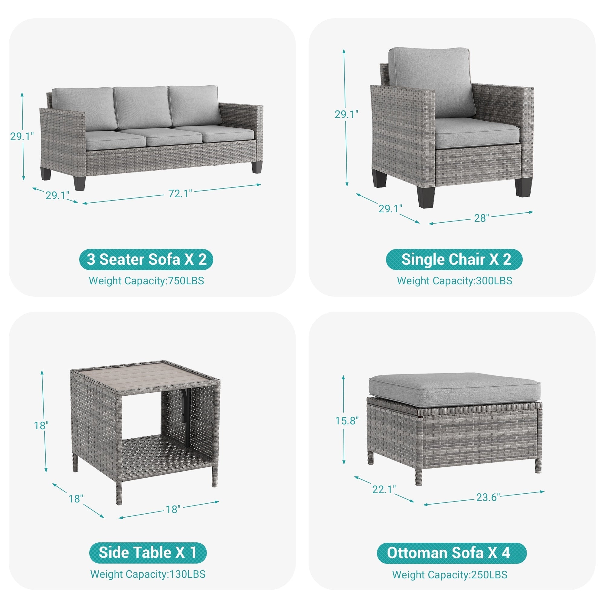 Ensemble de 9 canapés de jardin LIVOOSUN en osier PE gris, meubles d'extérieur, poufs et table