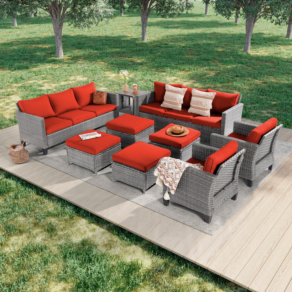Ensemble de 9 canapés de jardin LIVOOSUN en osier PE gris, meubles d'extérieur, poufs et table