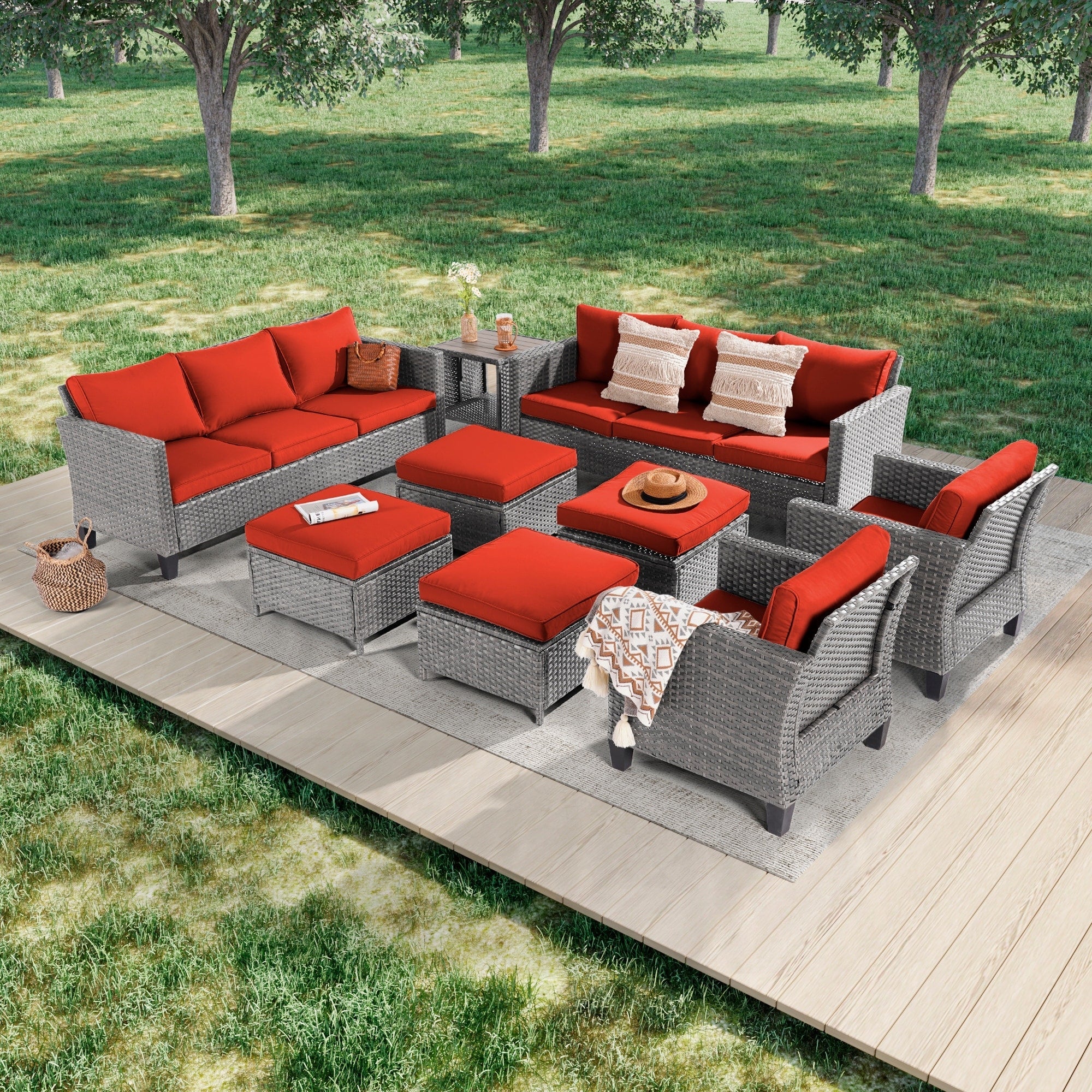 Ensemble de 9 canapés de jardin LIVOOSUN en osier PE gris, meubles d'extérieur, poufs et table