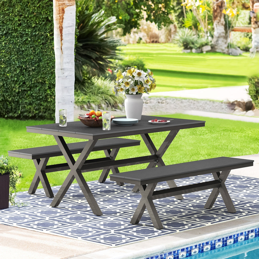 Ensemble de salle à manger d'extérieur rectangulaire 3 pièces LUE BONA en aluminium et plastique avec table et 2 bancs - 59,1 po L x 34,65 po l x 29,53 po H