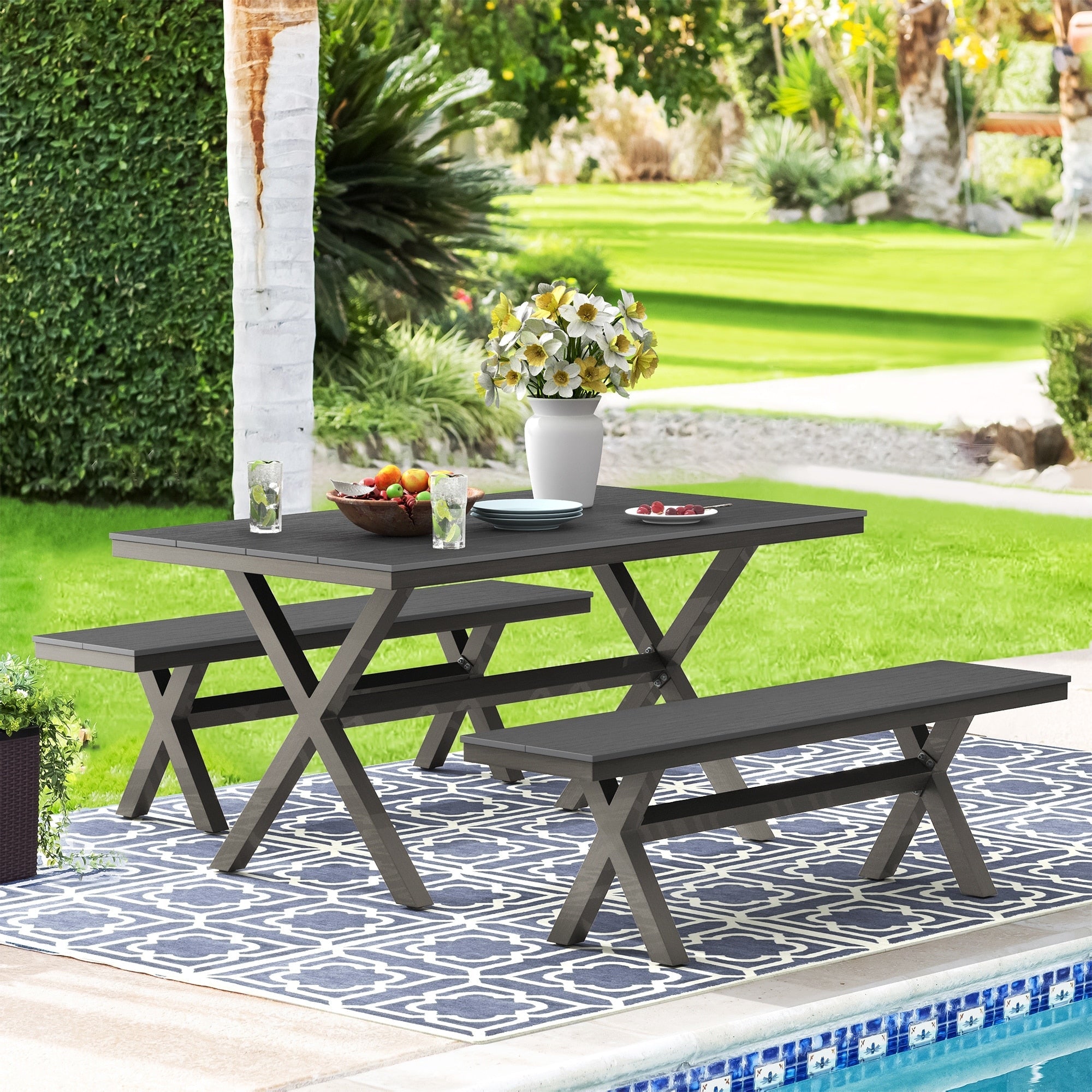 Ensemble de salle à manger d'extérieur rectangulaire 3 pièces LUE BONA en aluminium et plastique avec table et 2 bancs - 59,1 po L x 34,65 po l x 29,53 po H