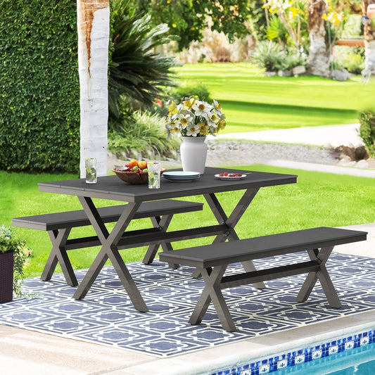 Ensemble de salle à manger d'extérieur rectangulaire 3 pièces LUE BONA en aluminium et plastique avec table et 2 bancs - 59,1 po L x 34,65 po l x 29,53 po H