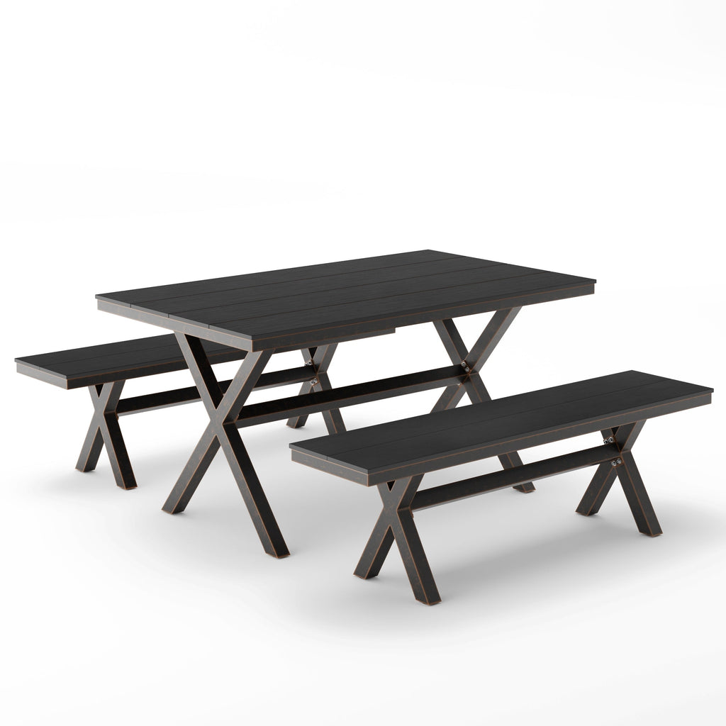 Ensemble de salle à manger d'extérieur rectangulaire 3 pièces LUE BONA en aluminium et plastique avec table et 2 bancs - 59,1 po L x 34,65 po l x 29,53 po H