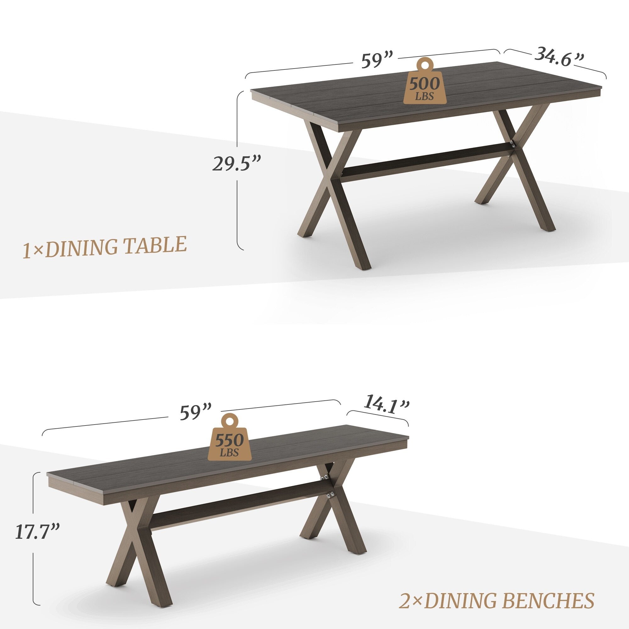 Ensemble de salle à manger d'extérieur rectangulaire 3 pièces LUE BONA en aluminium et plastique avec table et 2 bancs - 59,1 po L x 34,65 po l x 29,53 po H