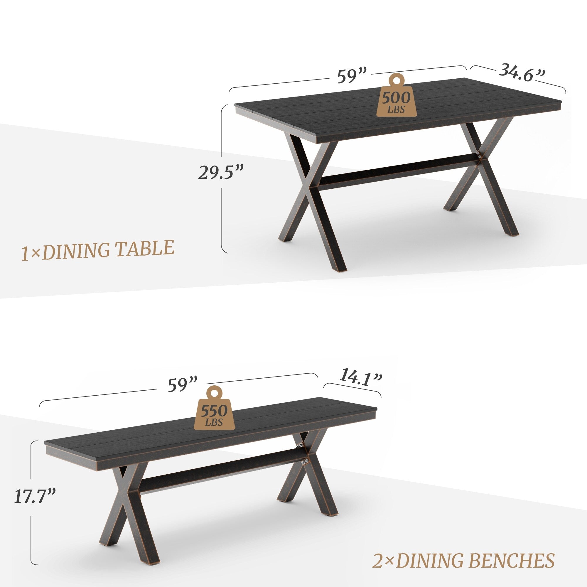 Ensemble de salle à manger d'extérieur rectangulaire 3 pièces LUE BONA en aluminium et plastique avec table et 2 bancs - 59,1 po L x 34,65 po l x 29,53 po H