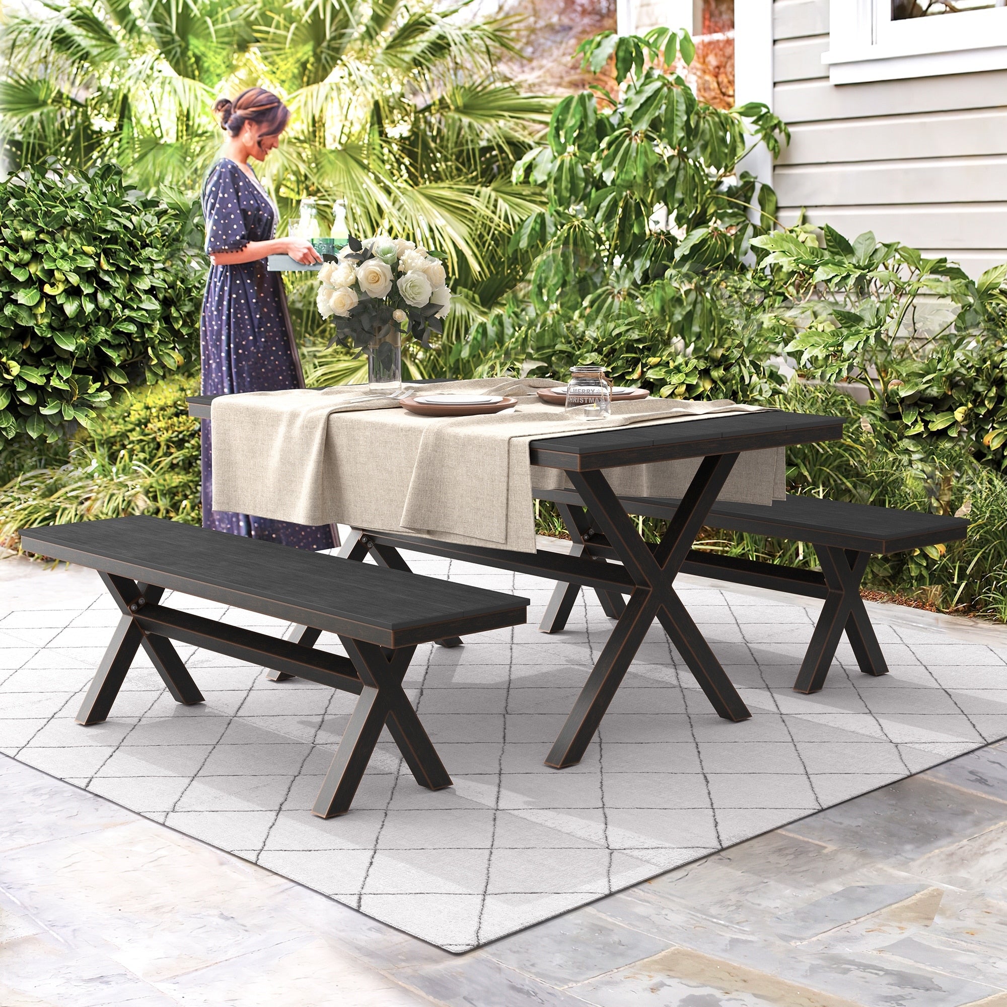 Ensemble de salle à manger d'extérieur rectangulaire 3 pièces LUE BONA en aluminium et plastique avec table et 2 bancs - 59,1 po L x 34,65 po l x 29,53 po H