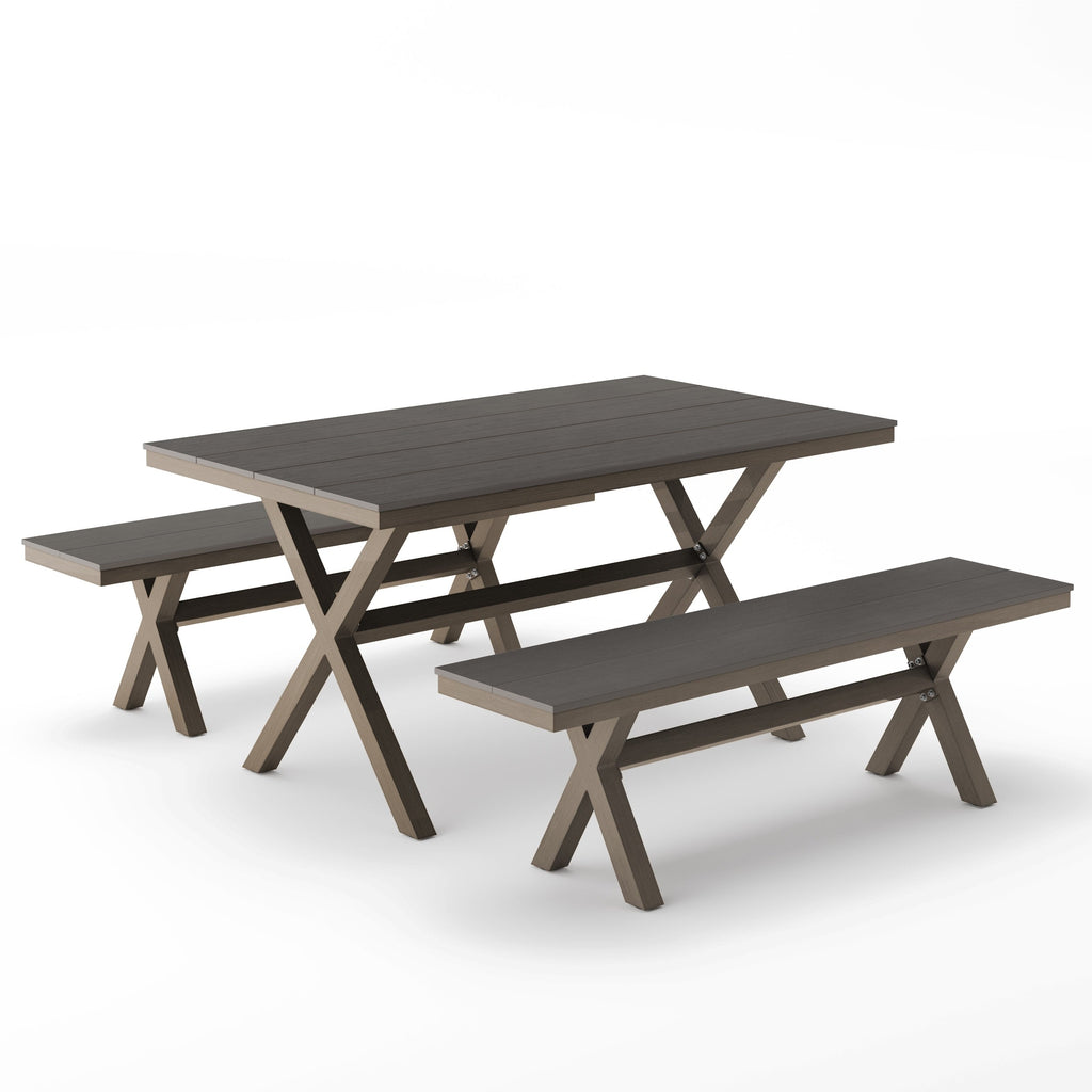 Ensemble de salle à manger d'extérieur rectangulaire 3 pièces LUE BONA en aluminium et plastique avec table et 2 bancs - 59,1 po L x 34,65 po l x 29,53 po H