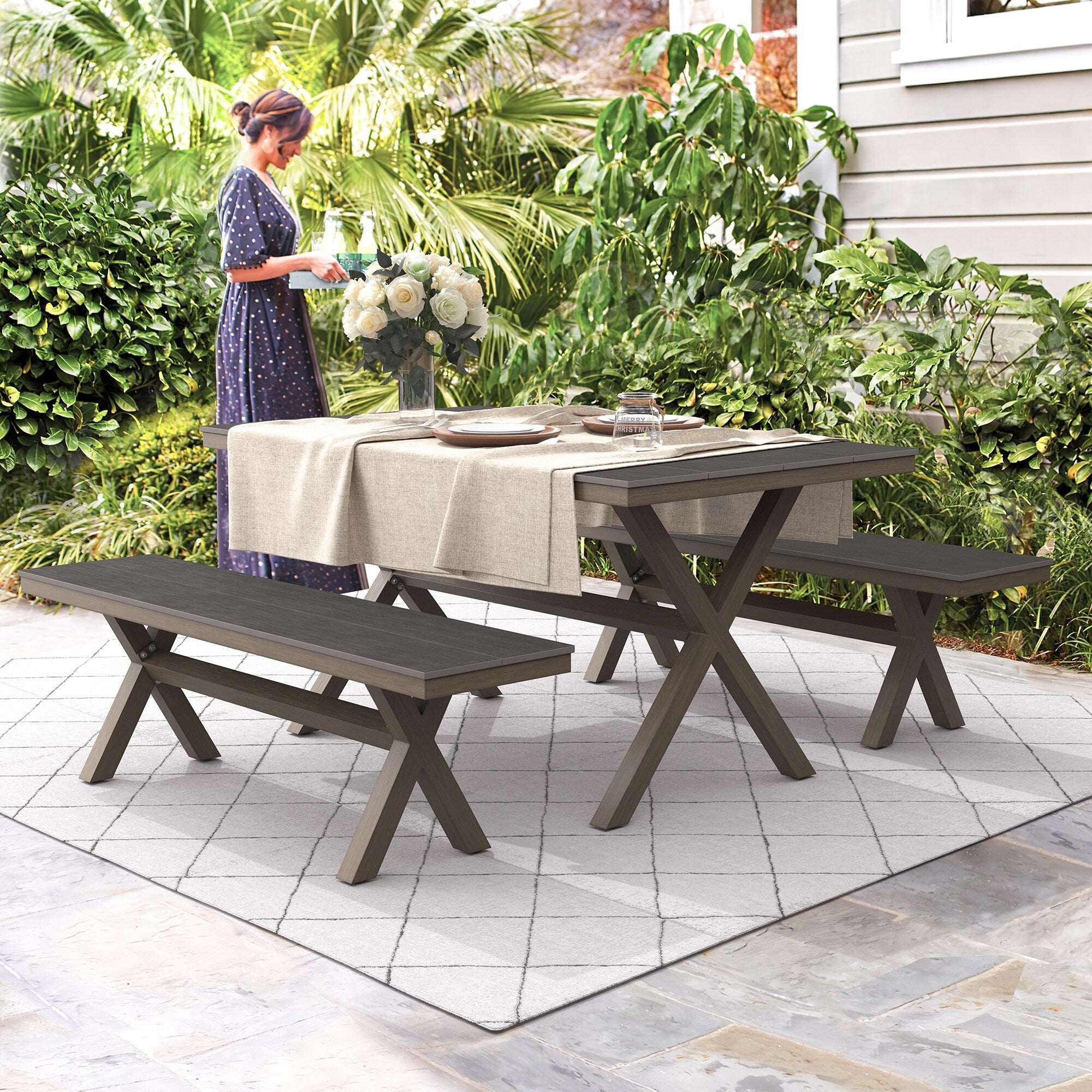 Ensemble de salle à manger d'extérieur rectangulaire 3 pièces LUE BONA en aluminium et plastique avec table et 2 bancs - 59,1 po L x 34,65 po l x 29,53 po H
