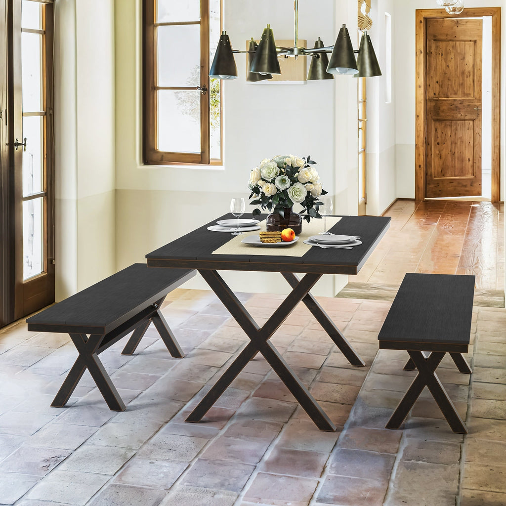 Ensemble de salle à manger d'extérieur rectangulaire 3 pièces LUE BONA en aluminium et plastique avec table et 2 bancs - 59,1 po L x 34,65 po l x 29,53 po H