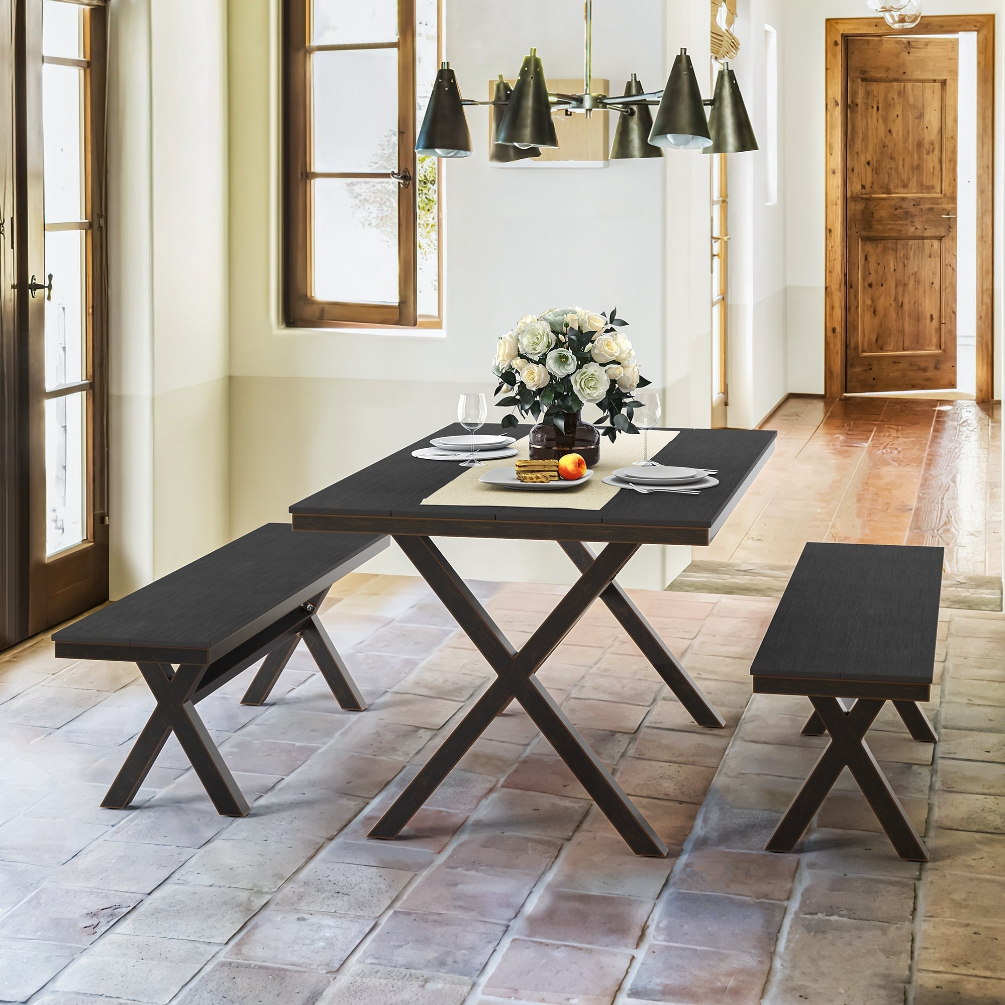 Ensemble de salle à manger d'extérieur rectangulaire 3 pièces LUE BONA en aluminium et plastique avec table et 2 bancs - 59,1 po L x 34,65 po l x 29,53 po H
