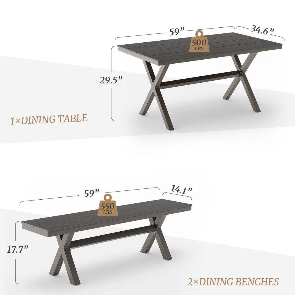 Ensemble de salle à manger d'extérieur rectangulaire 3 pièces LUE BONA en aluminium et plastique avec table et 2 bancs - 59,1 po L x 34,65 po l x 29,53 po H