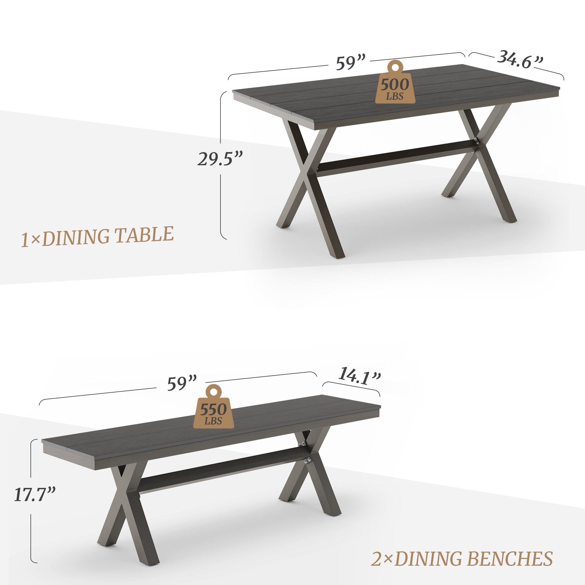 Ensemble de salle à manger d'extérieur rectangulaire 3 pièces LUE BONA en aluminium et plastique avec table et 2 bancs - 59,1 po L x 34,65 po l x 29,53 po H