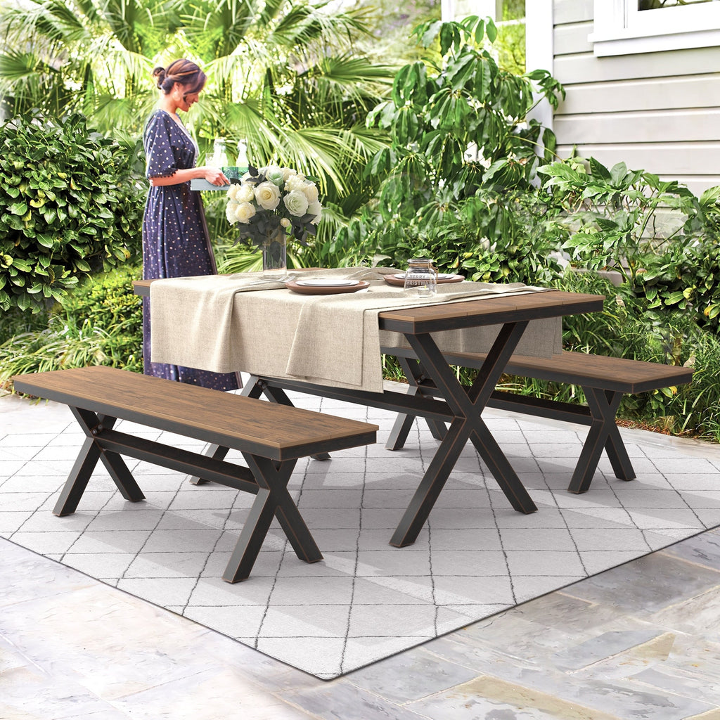 Ensemble de salle à manger d'extérieur rectangulaire 3 pièces LUE BONA en aluminium et plastique avec table et 2 bancs - 59,1 po L x 34,65 po l x 29,53 po H