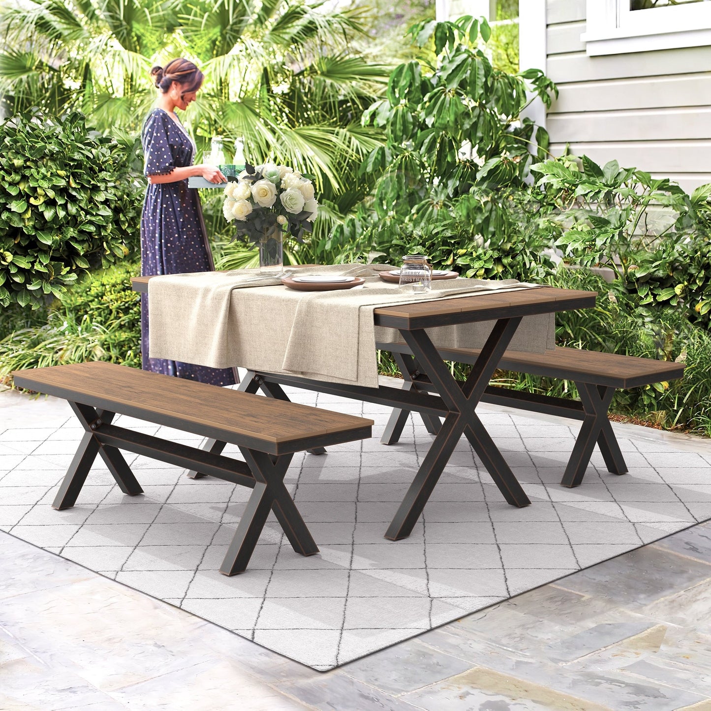 Ensemble de salle à manger d'extérieur rectangulaire 3 pièces LUE BONA en aluminium et plastique avec table et 2 bancs - 59,1 po L x 34,65 po l x 29,53 po H