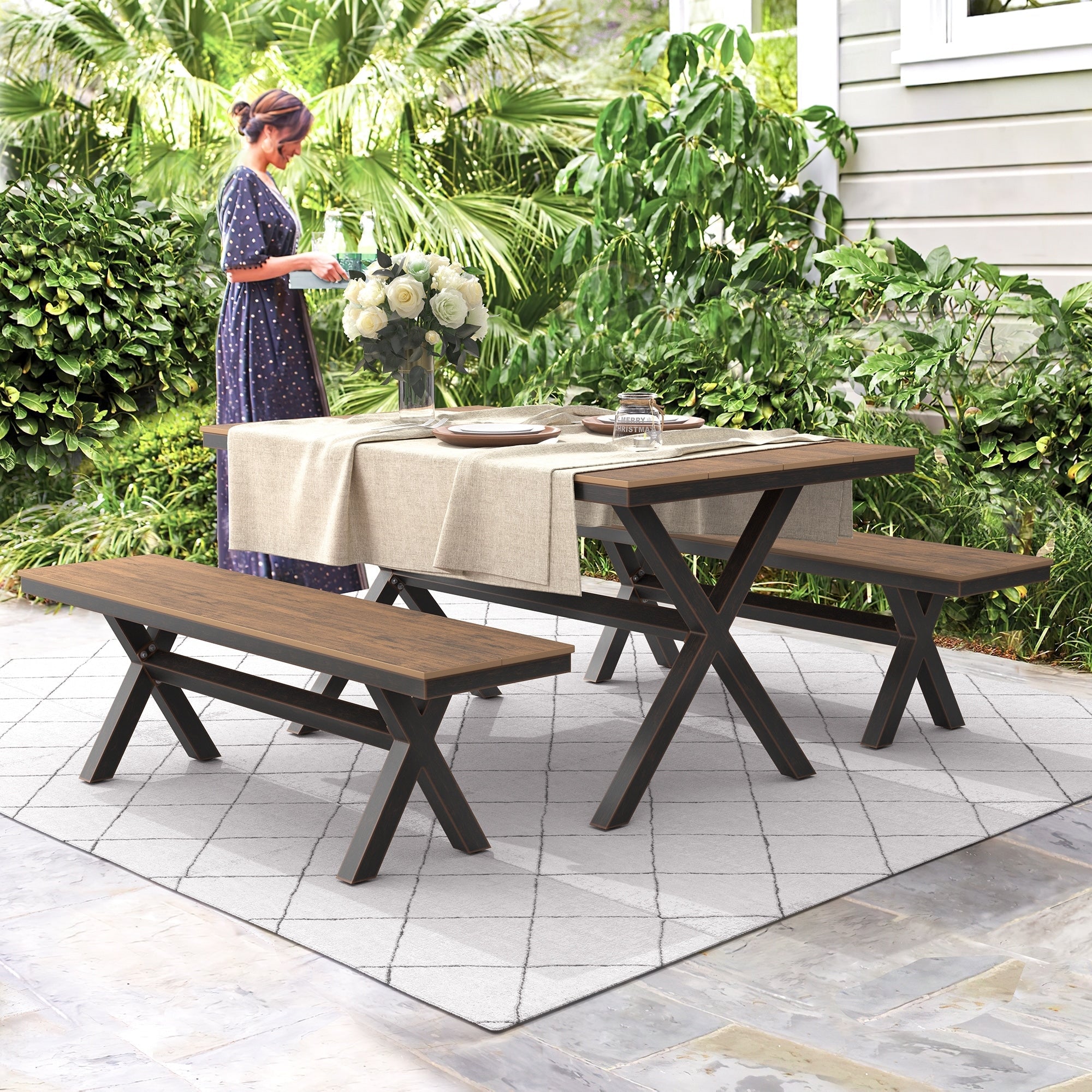 Ensemble de salle à manger d'extérieur rectangulaire 3 pièces LUE BONA en aluminium et plastique avec table et 2 bancs - 59,1 po L x 34,65 po l x 29,53 po H