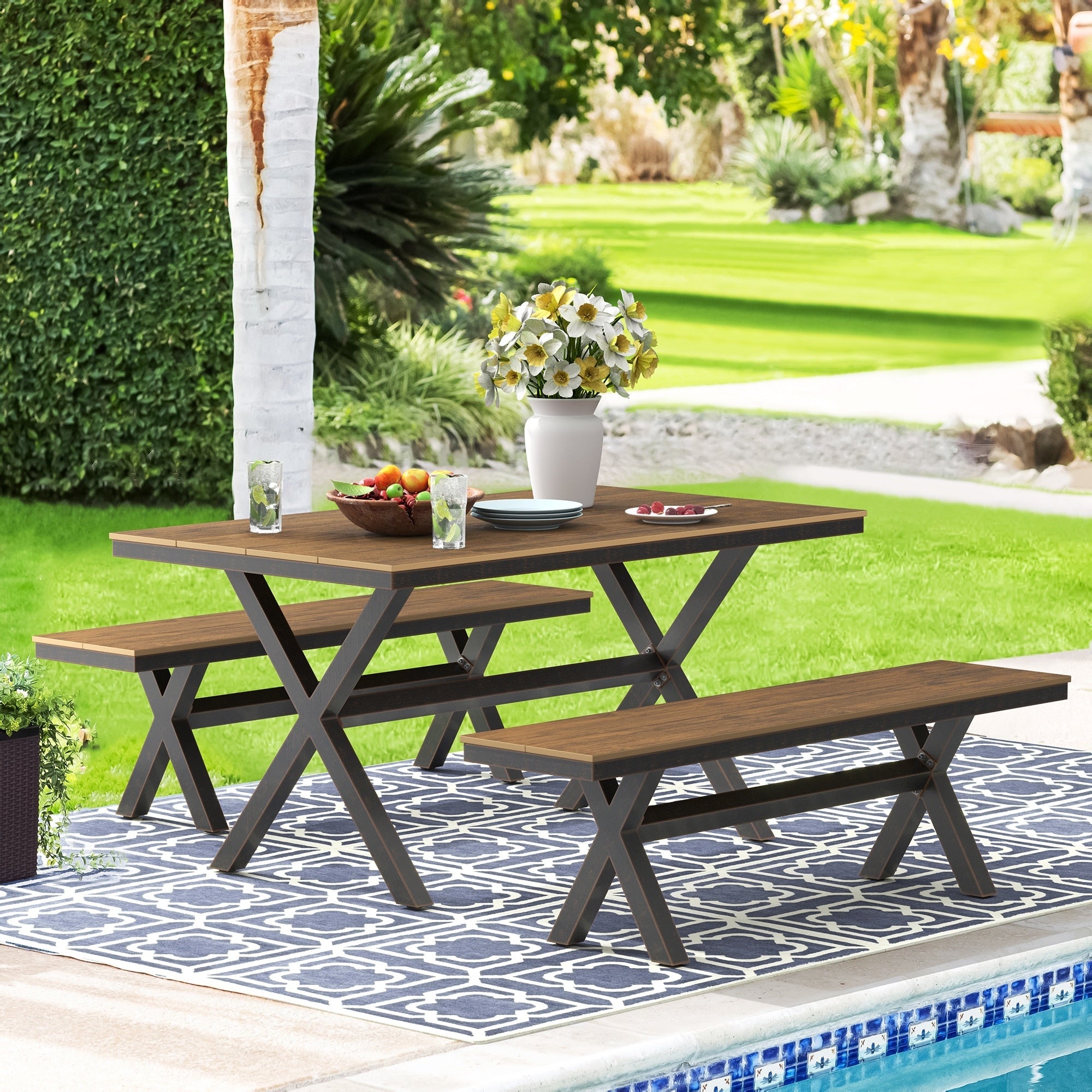 Ensemble de salle à manger d'extérieur rectangulaire 3 pièces LUE BONA en aluminium et plastique avec table et 2 bancs - 59,1 po L x 34,65 po l x 29,53 po H