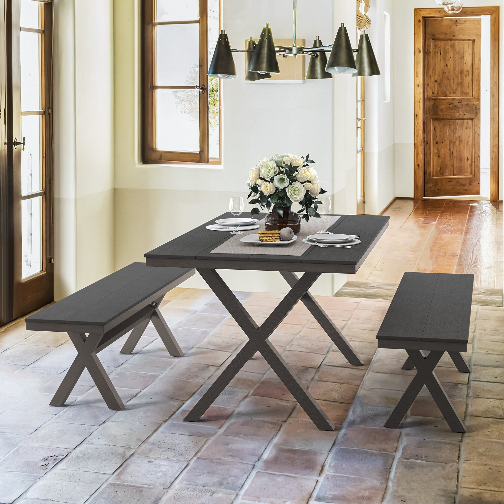 Ensemble de salle à manger d'extérieur rectangulaire 3 pièces LUE BONA en aluminium et plastique avec table et 2 bancs - 59,1 po L x 34,65 po l x 29,53 po H