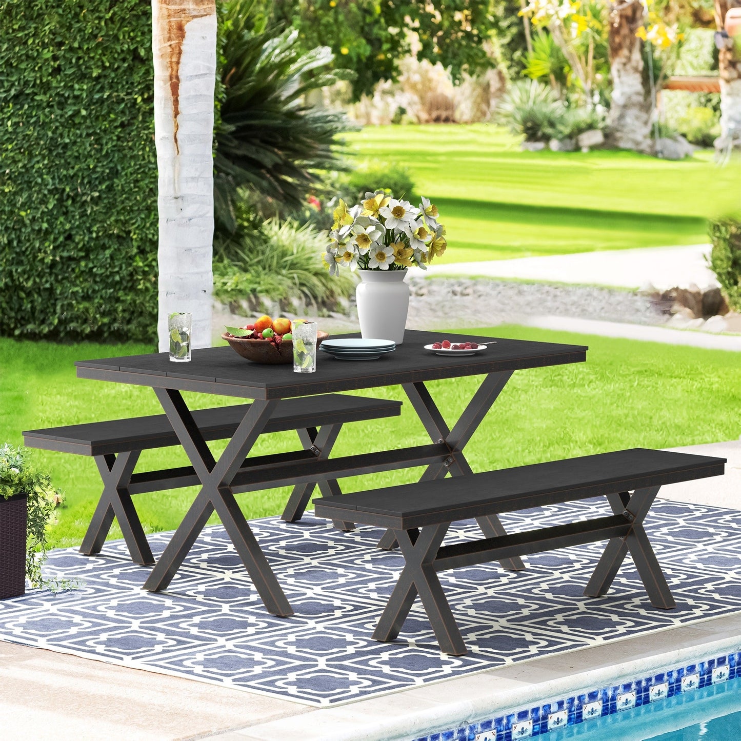 Ensemble de salle à manger d'extérieur rectangulaire 3 pièces LUE BONA en aluminium et plastique avec table et 2 bancs - 59,1 po L x 34,65 po l x 29,53 po H