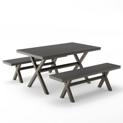 Ensemble de salle à manger d'extérieur rectangulaire 3 pièces LUE BONA en aluminium et plastique avec table et 2 bancs - 59,1 po L x 34,65 po l x 29,53 po H