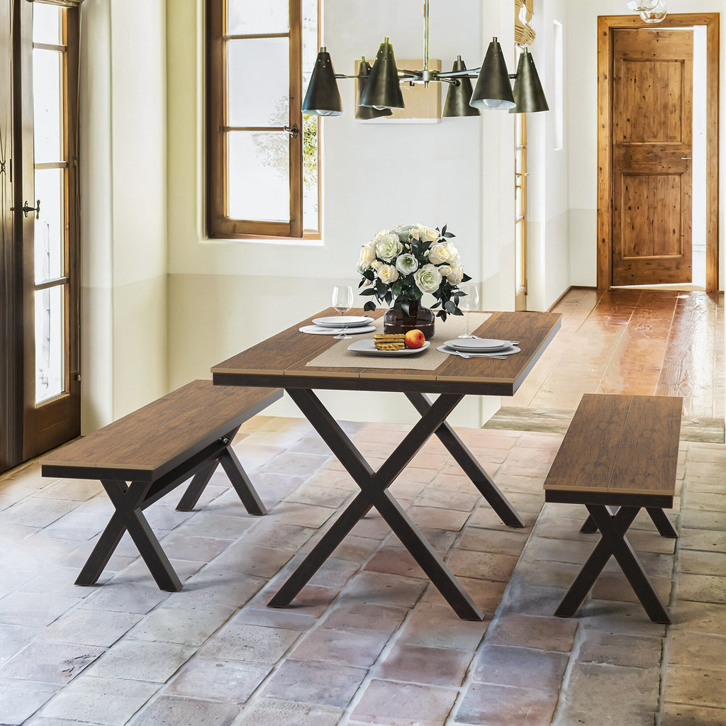 Ensemble de salle à manger d'extérieur rectangulaire 3 pièces LUE BONA en aluminium et plastique avec table et 2 bancs - 59,1 po L x 34,65 po l x 29,53 po H