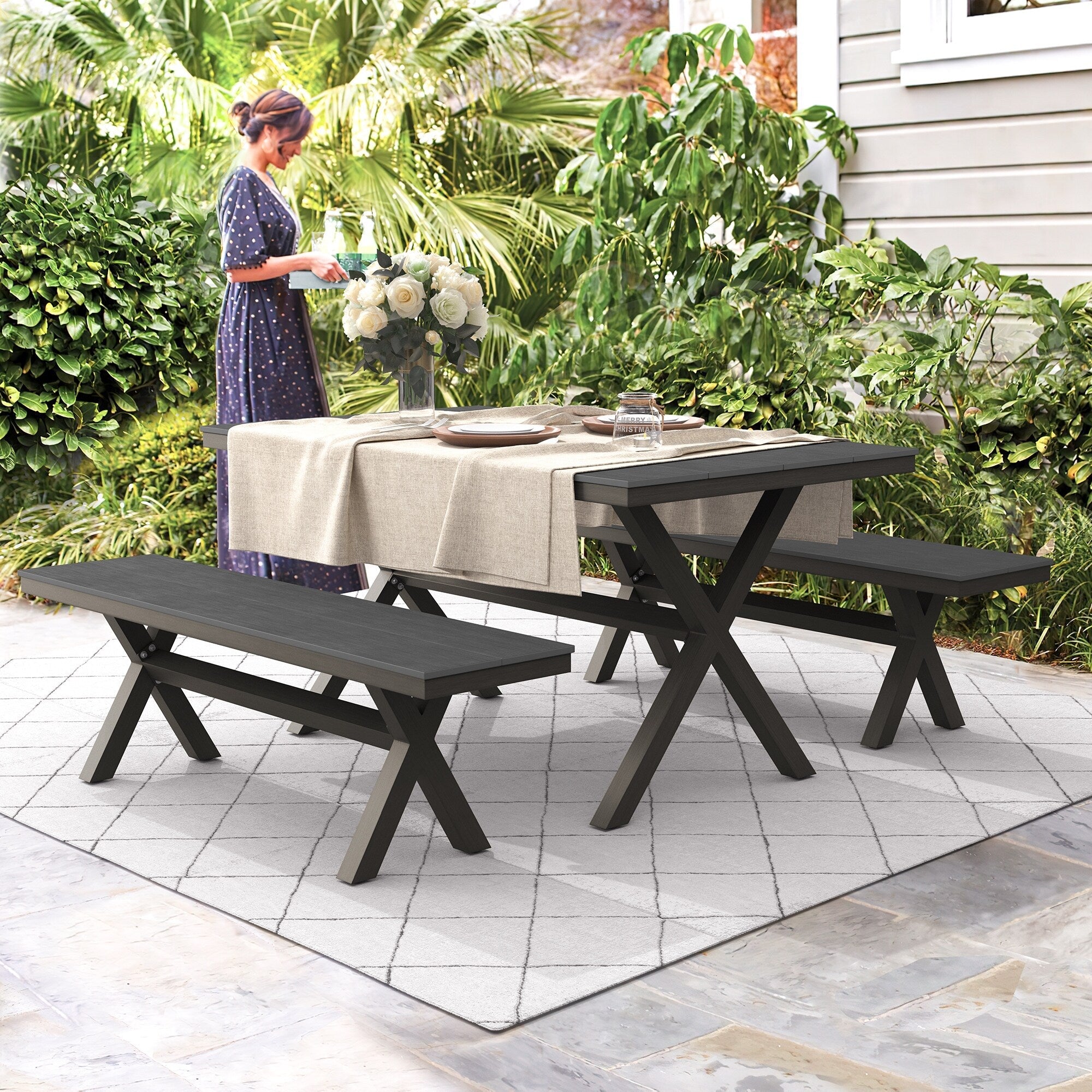 Ensemble de salle à manger d'extérieur rectangulaire 3 pièces LUE BONA en aluminium et plastique avec table et 2 bancs - 59,1 po L x 34,65 po l x 29,53 po H