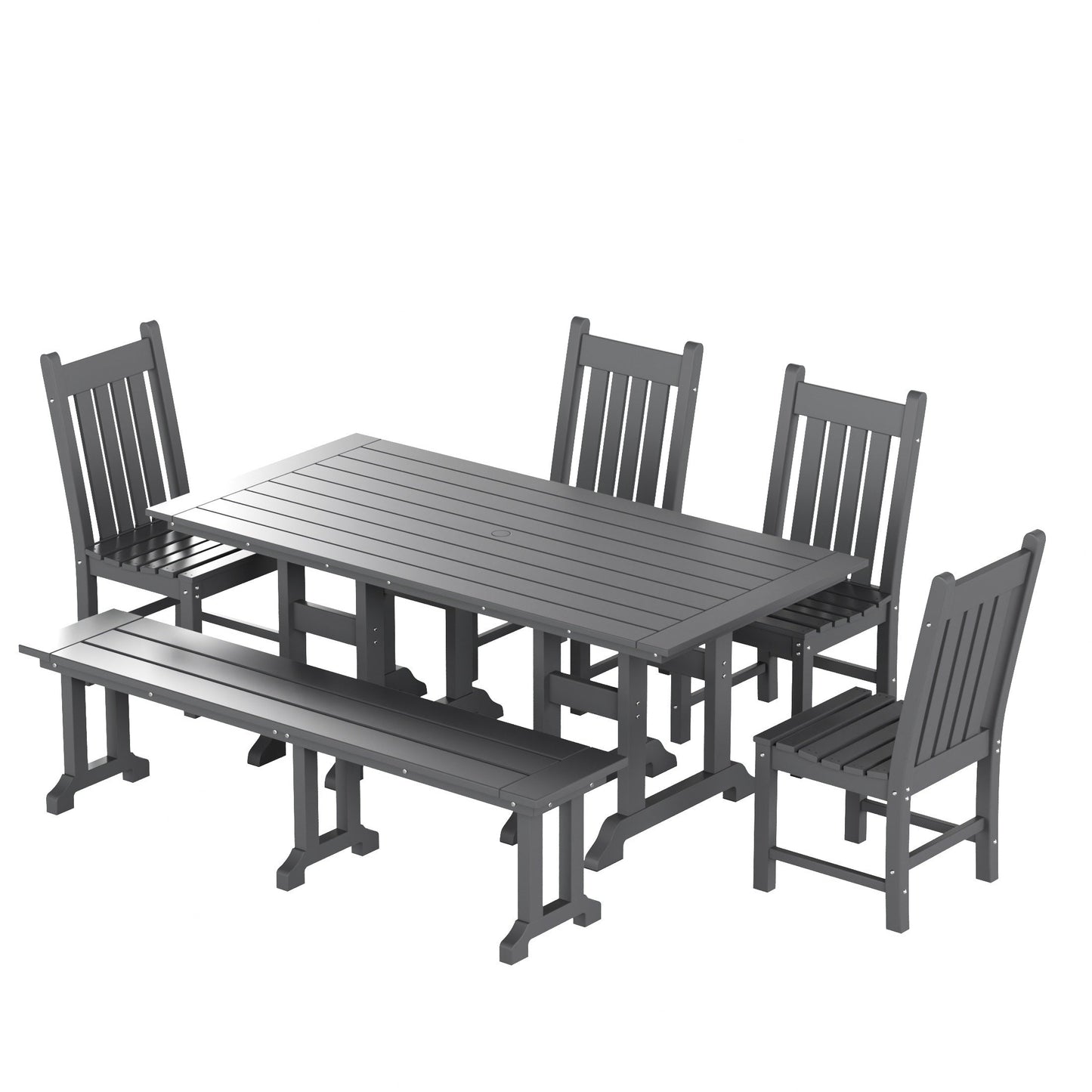 Ensemble de salle à manger d'extérieur Polytrends Laguna en PEHD, toutes saisons, avec table rectangulaire, chaises d'appoint et banc (ensemble de 6 pièces)