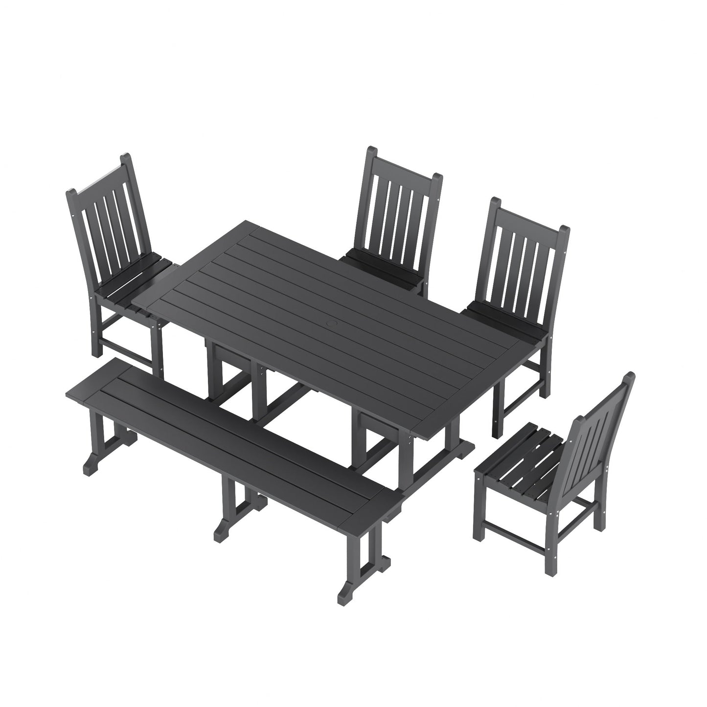 Ensemble de salle à manger d'extérieur Polytrends Laguna en PEHD, toutes saisons, avec table rectangulaire, chaises d'appoint et banc (ensemble de 6 pièces)
