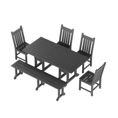 Ensemble de salle à manger d'extérieur Polytrends Laguna en PEHD, toutes saisons, avec table rectangulaire, chaises d'appoint et banc (ensemble de 6 pièces)
