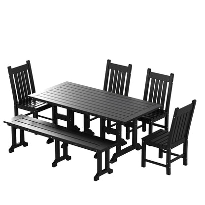 Ensemble de salle à manger d'extérieur Polytrends Laguna en PEHD, toutes saisons, avec table rectangulaire, chaises d'appoint et banc (ensemble de 6 pièces)