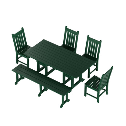Ensemble de salle à manger d'extérieur Polytrends Laguna en PEHD, toutes saisons, avec table rectangulaire, chaises d'appoint et banc (ensemble de 6 pièces)
