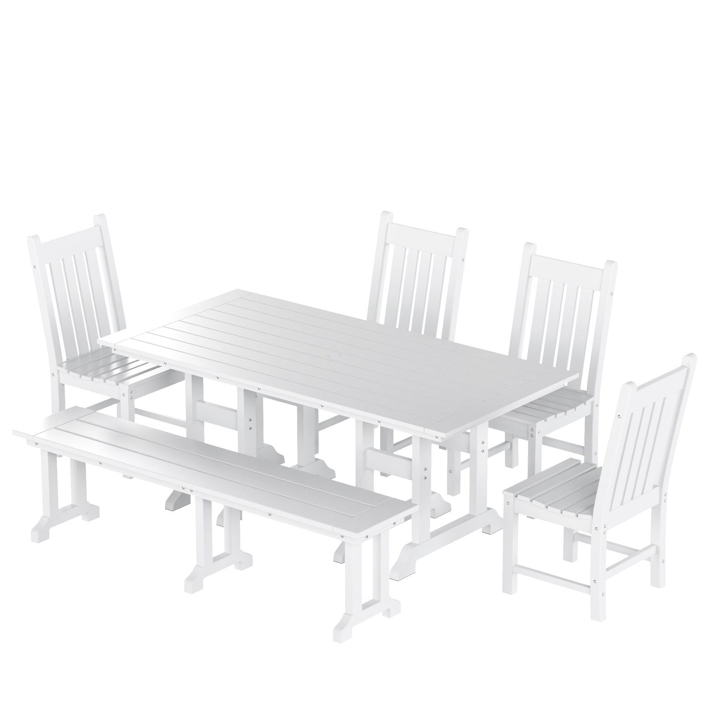 Ensemble de salle à manger d'extérieur Polytrends Laguna en PEHD, toutes saisons, avec table rectangulaire, chaises d'appoint et banc (ensemble de 6 pièces)