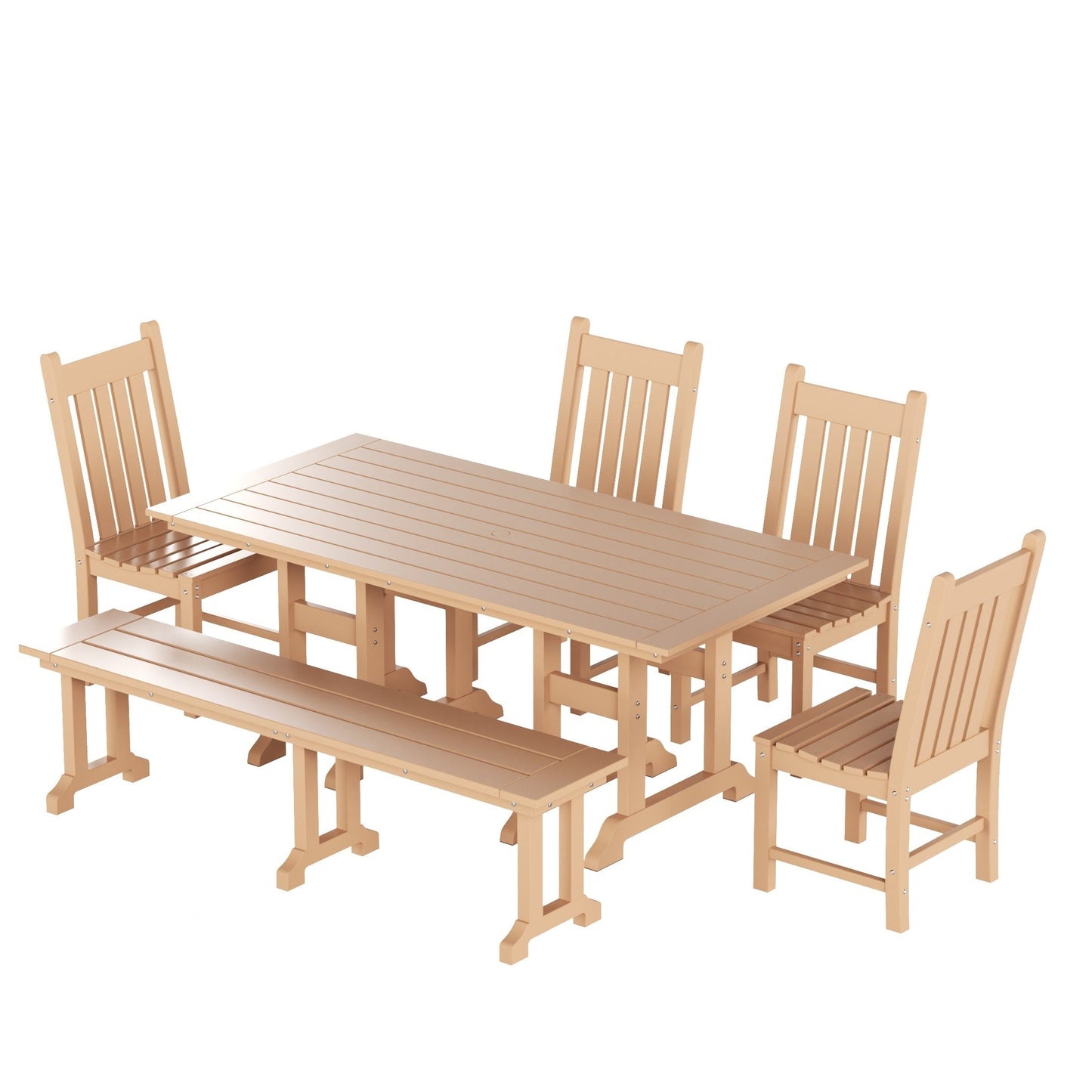 Ensemble de salle à manger d'extérieur Polytrends Laguna en PEHD, toutes saisons, avec table rectangulaire, chaises d'appoint et banc (ensemble de 6 pièces)
