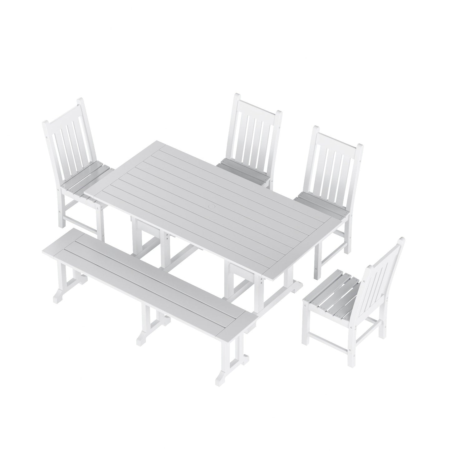 Ensemble de salle à manger d'extérieur Polytrends Laguna en PEHD, toutes saisons, avec table rectangulaire, chaises d'appoint et banc (ensemble de 6 pièces)