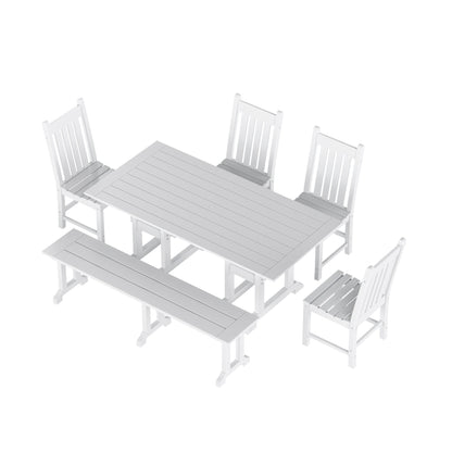 Ensemble de salle à manger d'extérieur Polytrends Laguna en PEHD, toutes saisons, avec table rectangulaire, chaises d'appoint et banc (ensemble de 6 pièces)