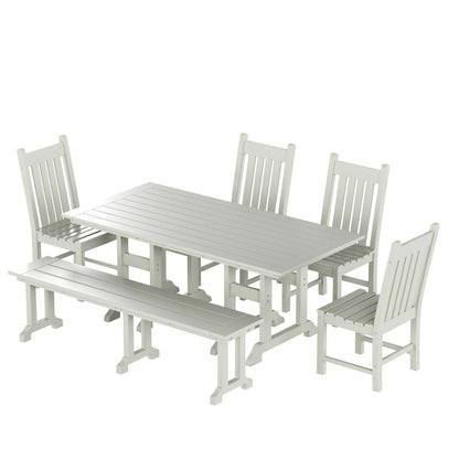 Ensemble de salle à manger d'extérieur Polytrends Laguna en PEHD, toutes saisons, avec table rectangulaire, chaises d'appoint et banc (ensemble de 6 pièces)
