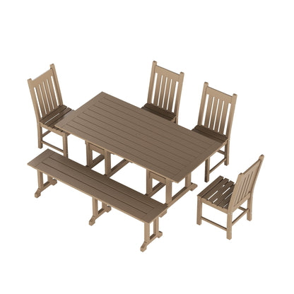 Ensemble de salle à manger d'extérieur Polytrends Laguna en PEHD, toutes saisons, avec table rectangulaire, chaises d'appoint et banc (ensemble de 6 pièces)