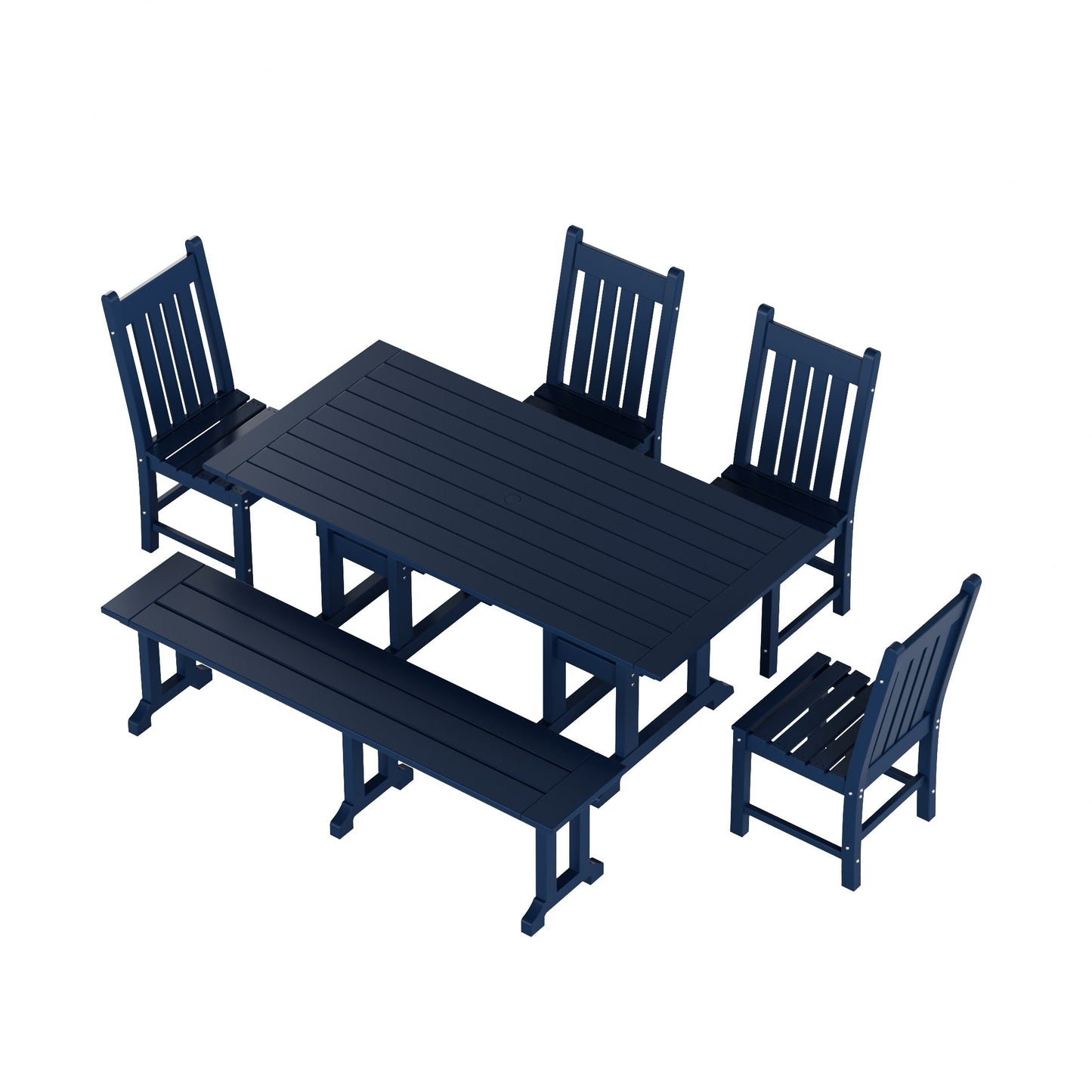 Ensemble de salle à manger d'extérieur Polytrends Laguna en PEHD, toutes saisons, avec table rectangulaire, chaises d'appoint et banc (ensemble de 6 pièces)