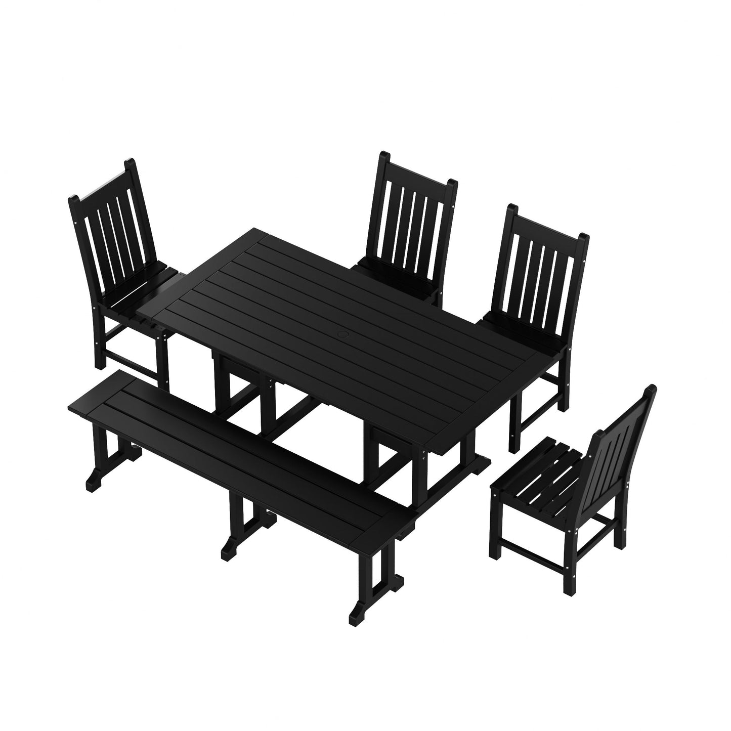 Ensemble de salle à manger d'extérieur Polytrends Laguna en PEHD, toutes saisons, avec table rectangulaire, chaises d'appoint et banc (ensemble de 6 pièces)