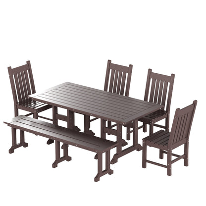 Ensemble de salle à manger d'extérieur Polytrends Laguna en PEHD, toutes saisons, avec table rectangulaire, chaises d'appoint et banc (ensemble de 6 pièces)