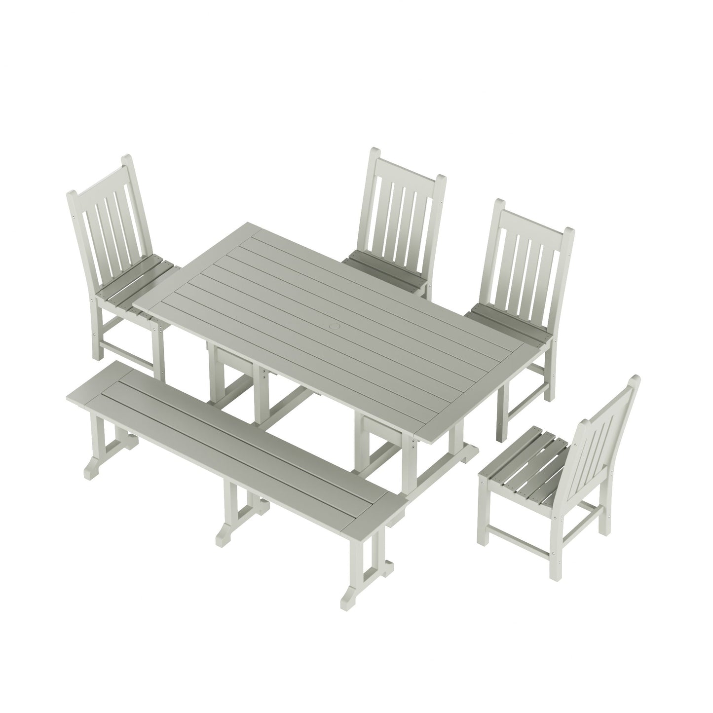 Ensemble de salle à manger d'extérieur Polytrends Laguna en PEHD, toutes saisons, avec table rectangulaire, chaises d'appoint et banc (ensemble de 6 pièces)