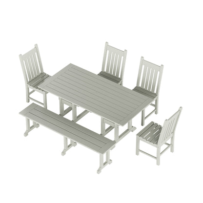 Ensemble de salle à manger d'extérieur Polytrends Laguna en PEHD, toutes saisons, avec table rectangulaire, chaises d'appoint et banc (ensemble de 6 pièces)