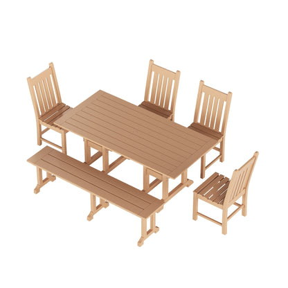 Ensemble de salle à manger d'extérieur Polytrends Laguna en PEHD, toutes saisons, avec table rectangulaire, chaises d'appoint et banc (ensemble de 6 pièces)