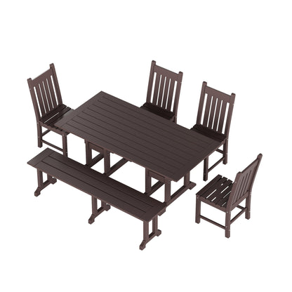 Ensemble de salle à manger d'extérieur Polytrends Laguna en PEHD, toutes saisons, avec table rectangulaire, chaises d'appoint et banc (ensemble de 6 pièces)
