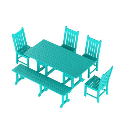 Ensemble de salle à manger d'extérieur Polytrends Laguna en PEHD, toutes saisons, avec table rectangulaire, chaises d'appoint et banc (ensemble de 6 pièces)